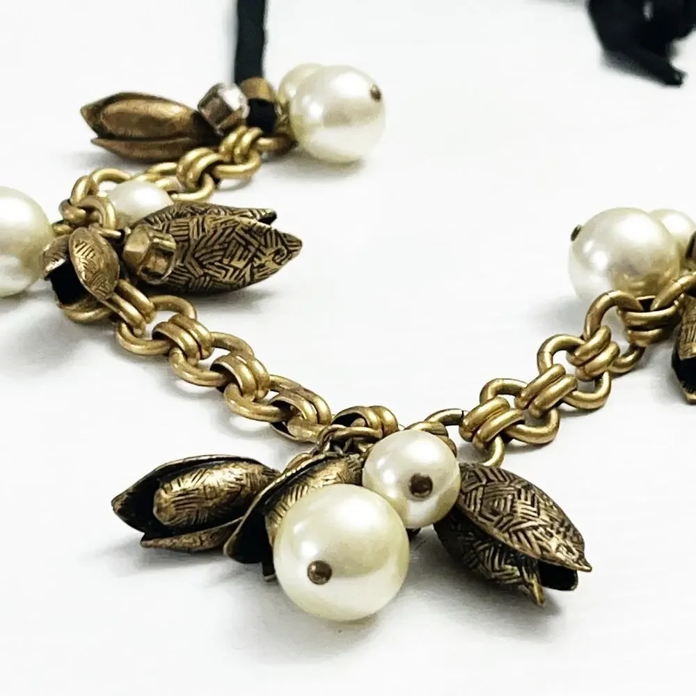 J. Crew Faux Pearl & Brass Flower Buds Ribbon Necklace